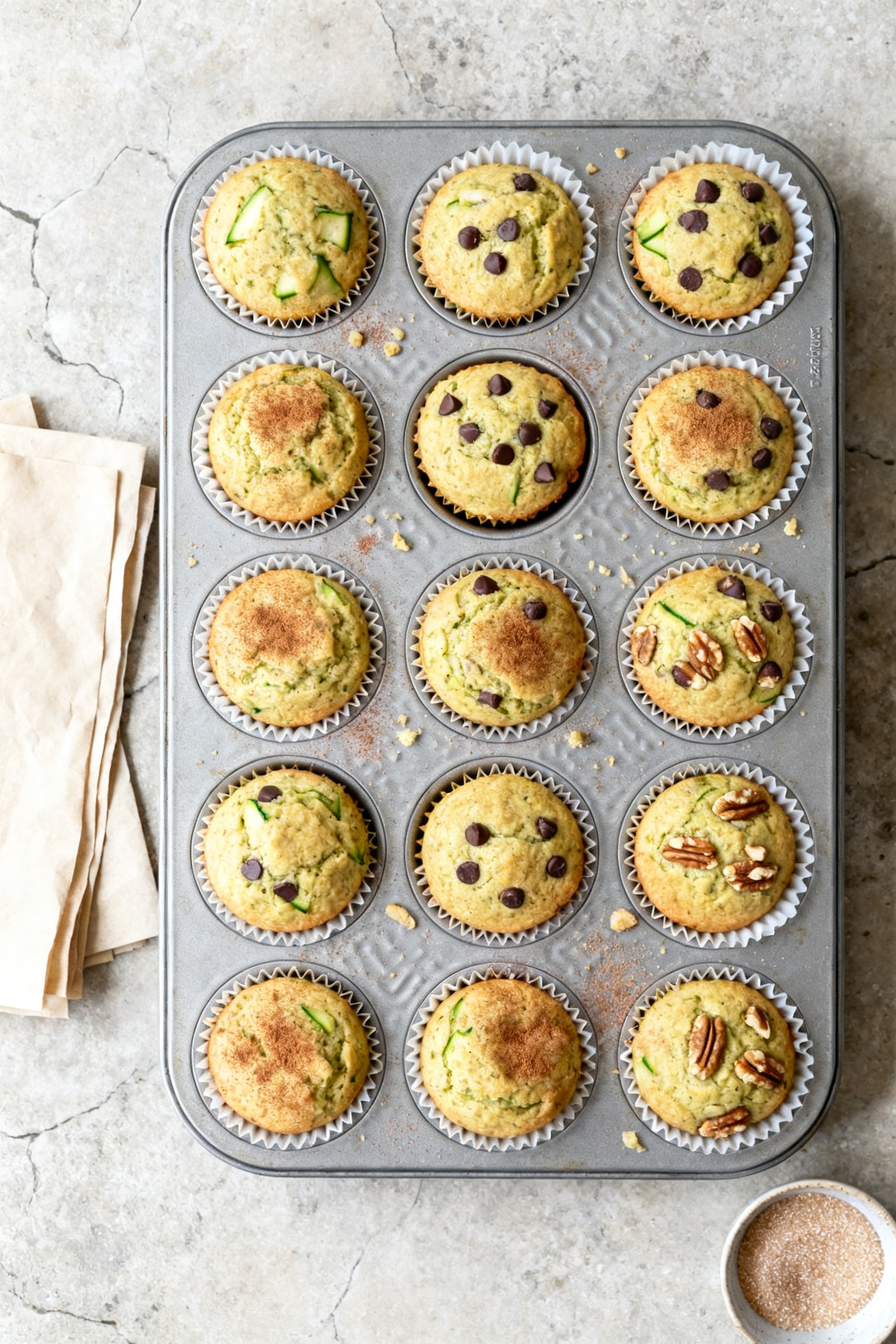 Tasty top view: Overhead shot of 12 zucchini muffins in a lined muffin tin, each cup filled about 3/