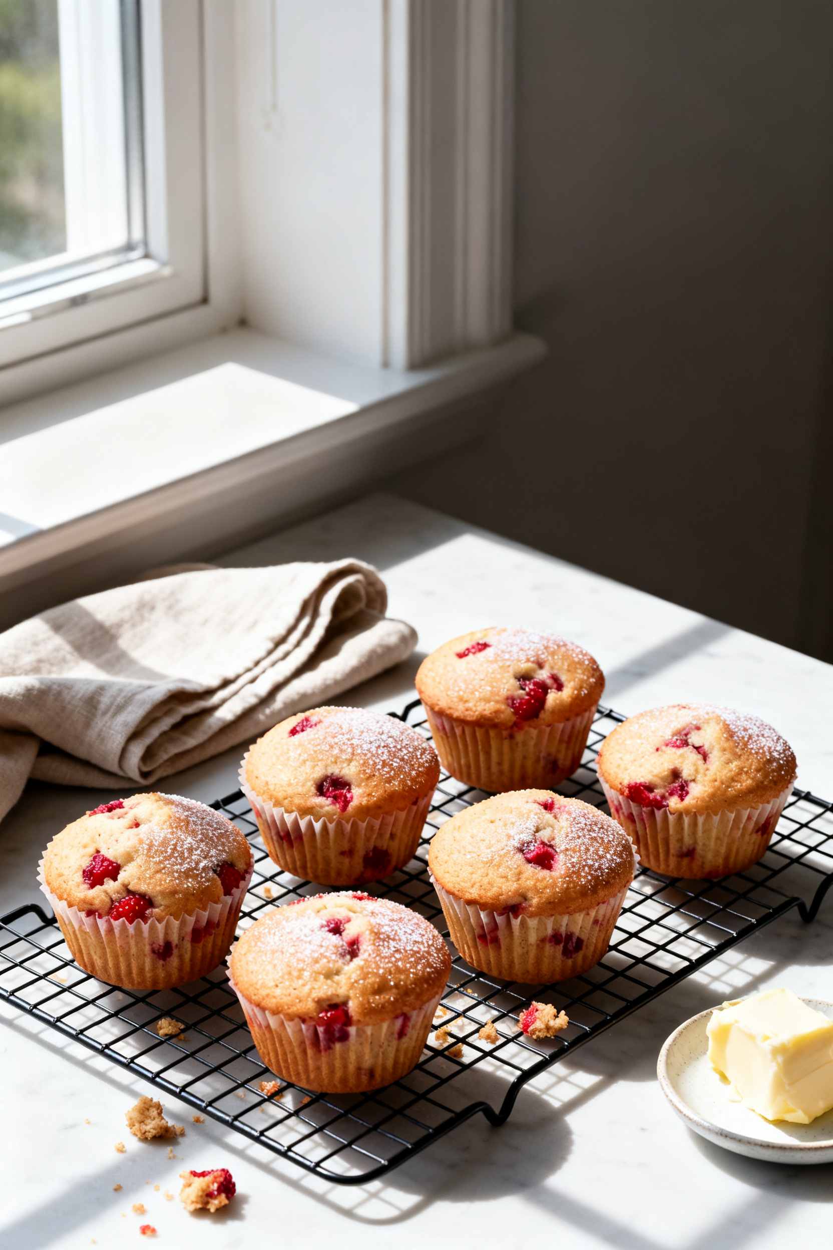 Tasty top view: Overhead shot of 6–8 strawberry muffins cooling on a wire rack, each with evenly r