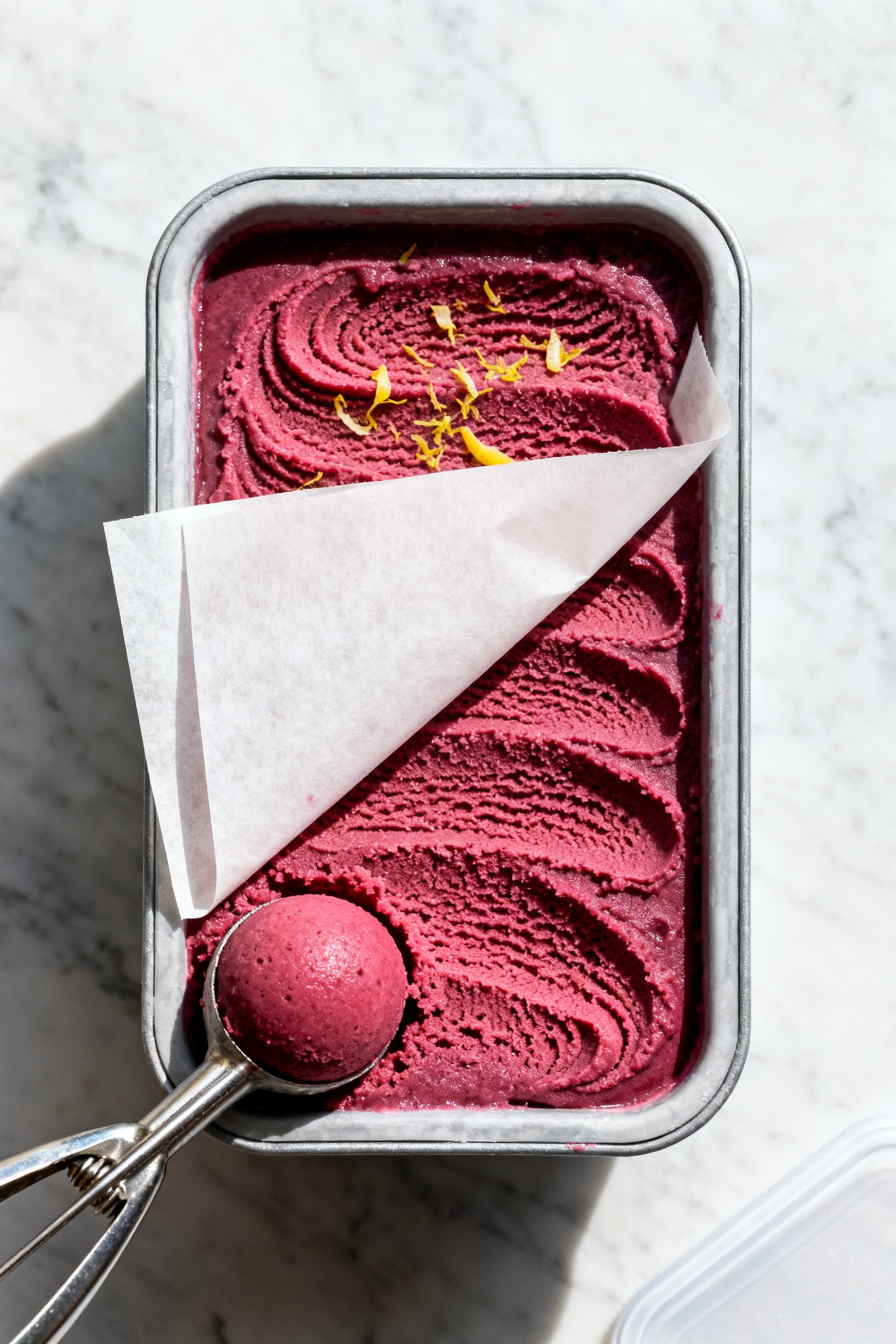 Tasty top view: Overhead shot of a lidded, shallow freezer container just opened after final set, pe