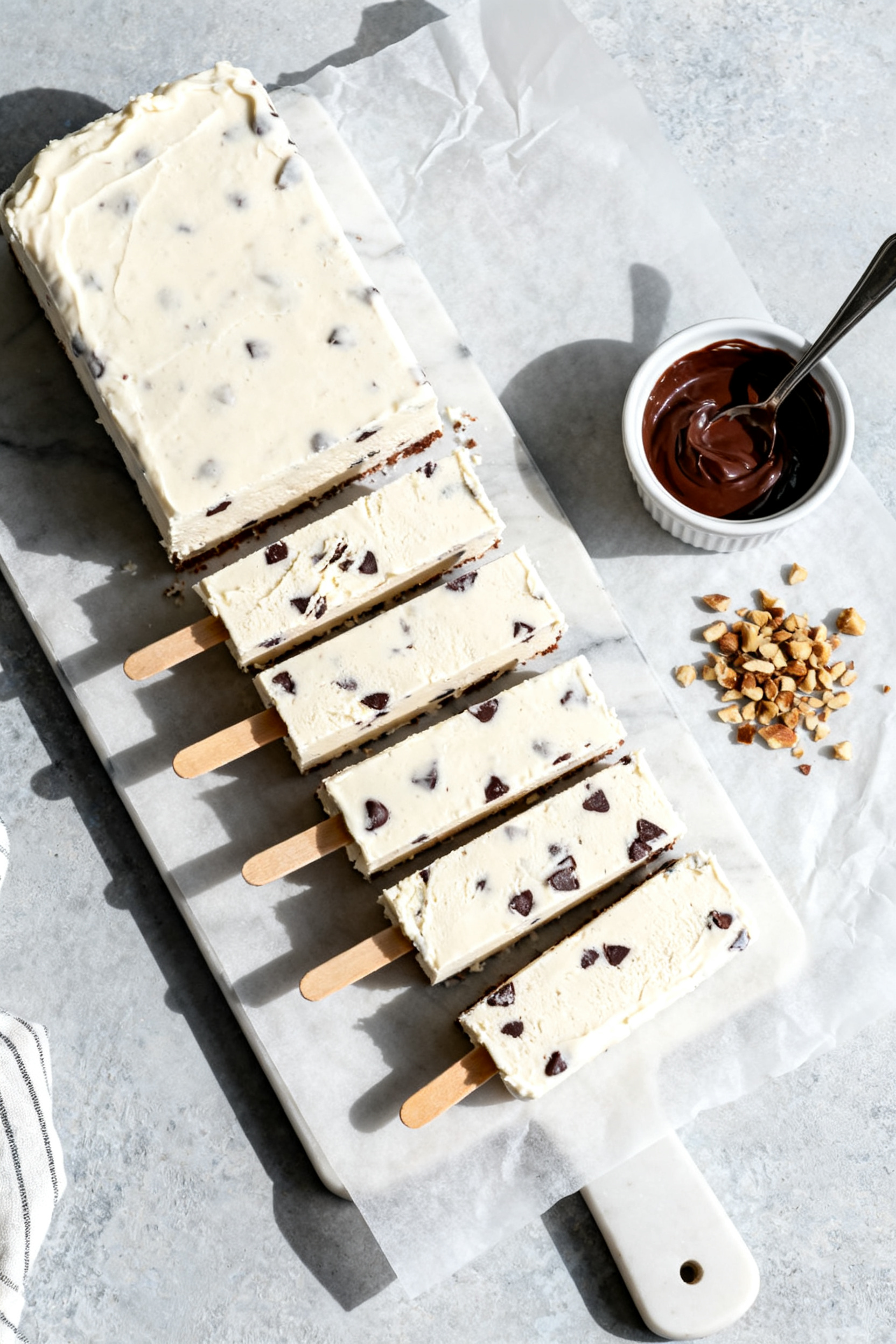 Tasty top view: Overhead shot of a loaf-pan slab of frozen protein base just lifted onto a cutting b