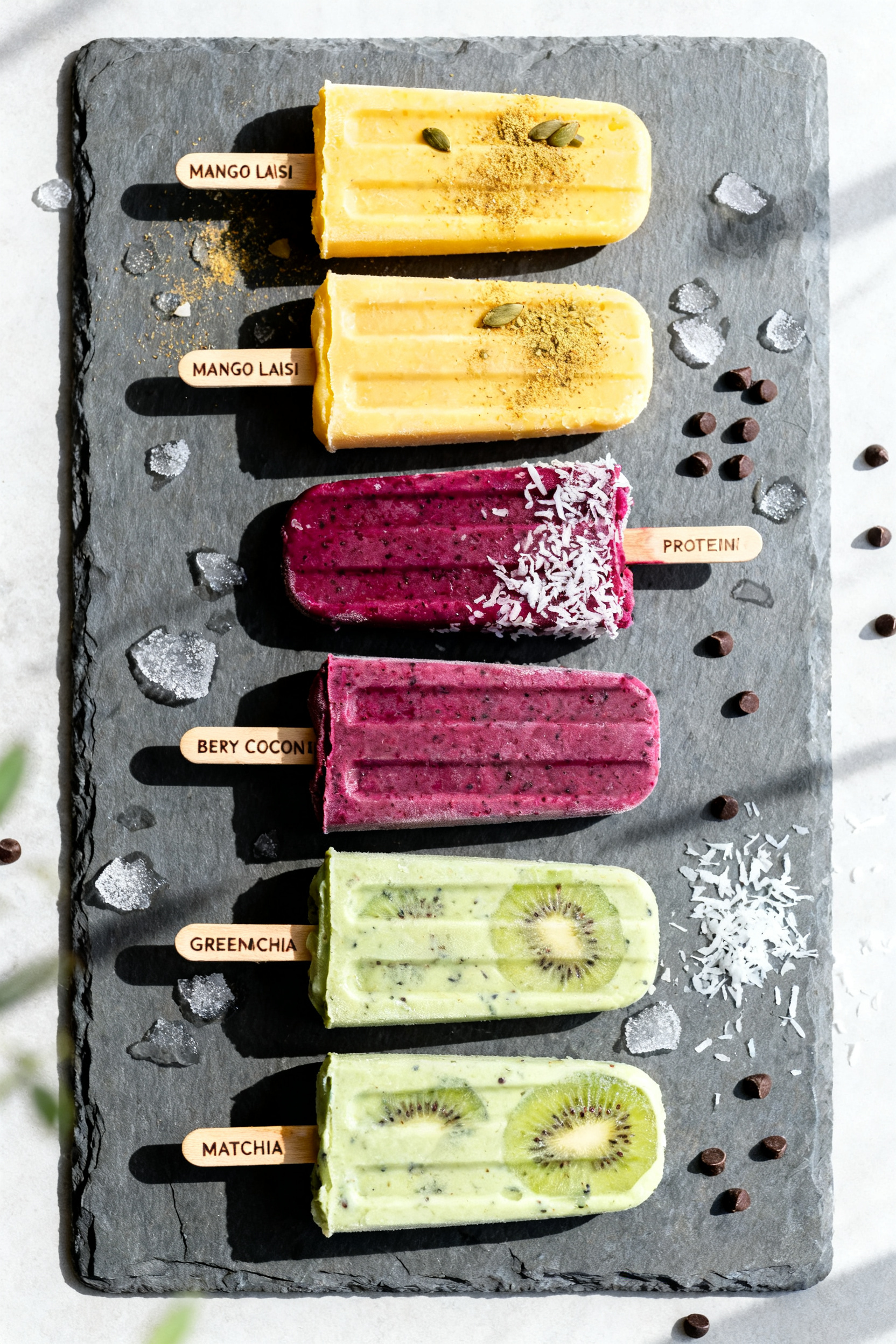 Tasty top view: Overhead shot of a neat row of assorted finished Protein Popsicles on a chilled slat