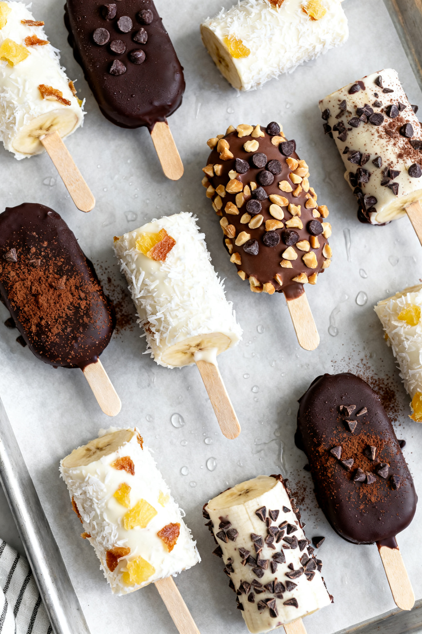 Tasty top view: Overhead shot of a parchment-lined baking sheet filled with assorted finished Frozen