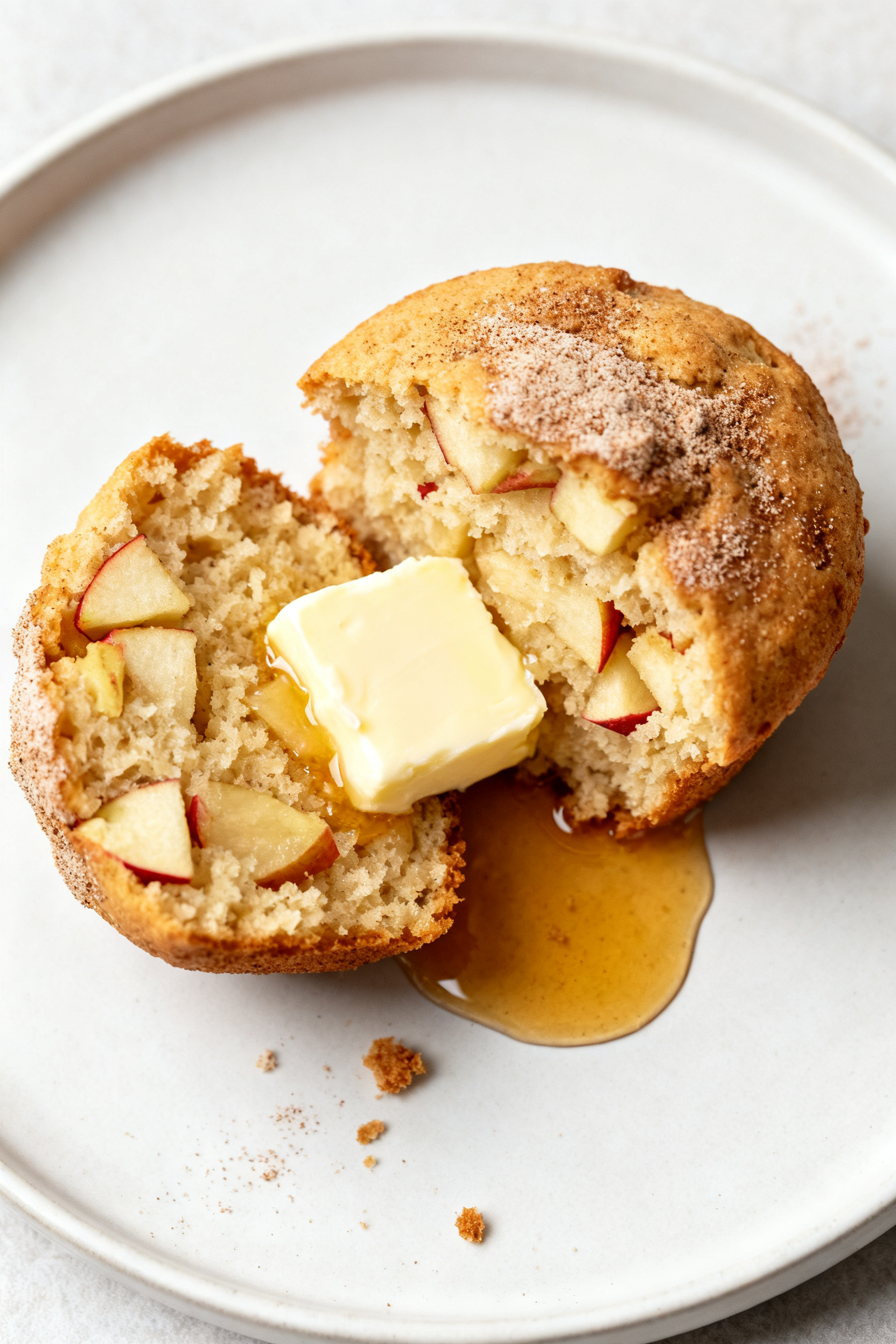 Tasty top view: Overhead shot of a plated apple muffin split open to show the soft, moist crumb and 