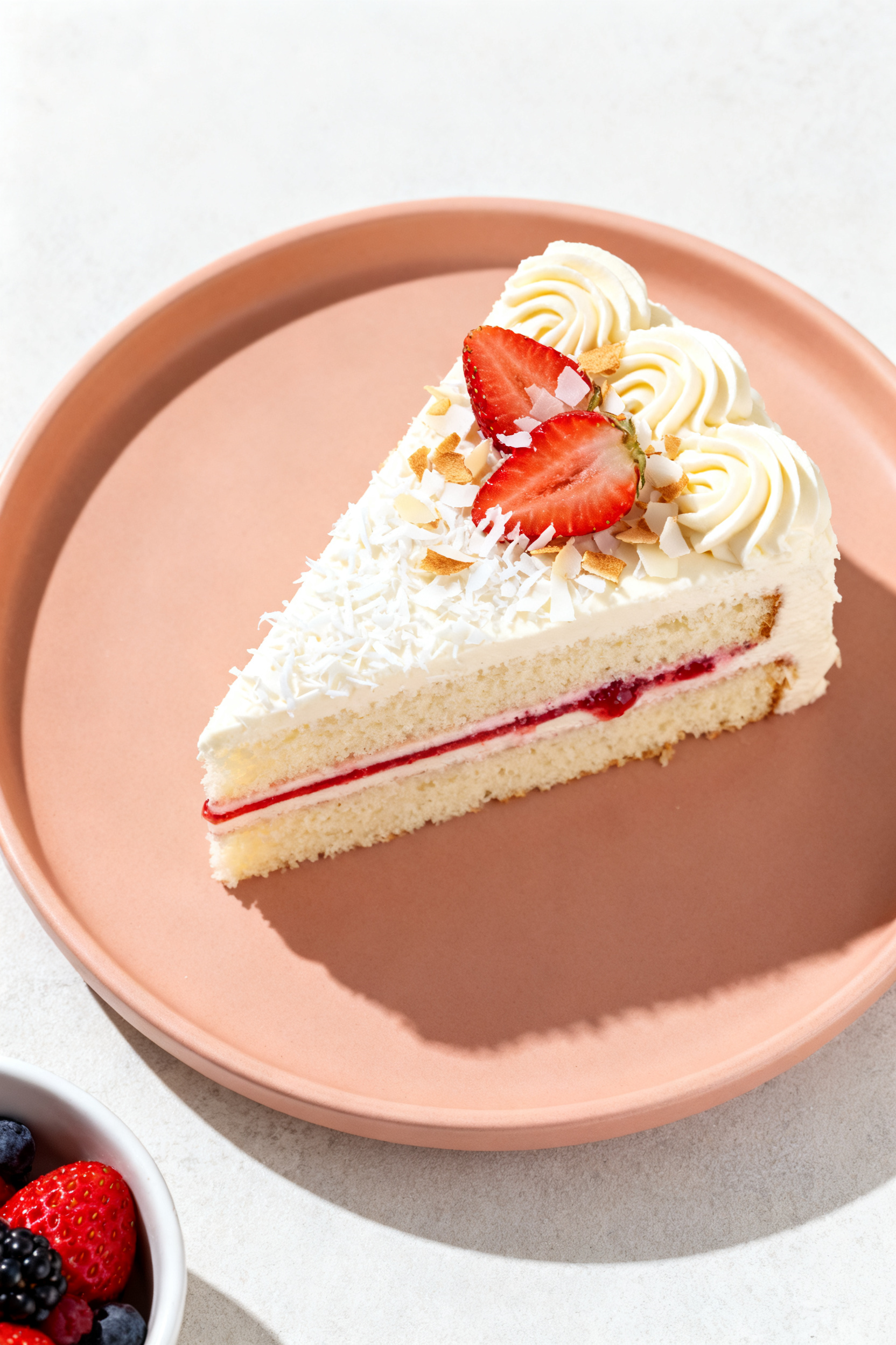 Tasty top view: Overhead shot of a single slice of white chocolate cake on a matte blush plate, fros