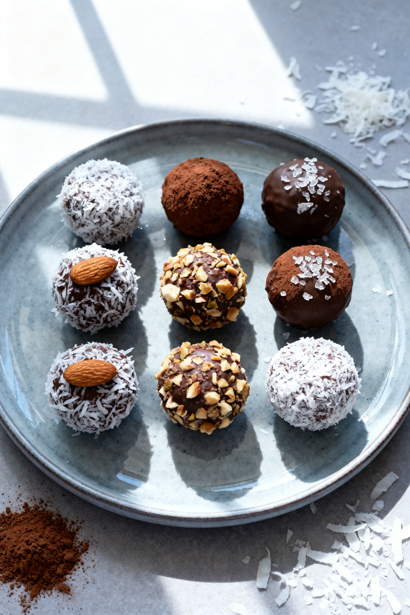 Tasty top view: Overhead shot of a small platter of finished Chocolate Coconut Balls arranged in nea