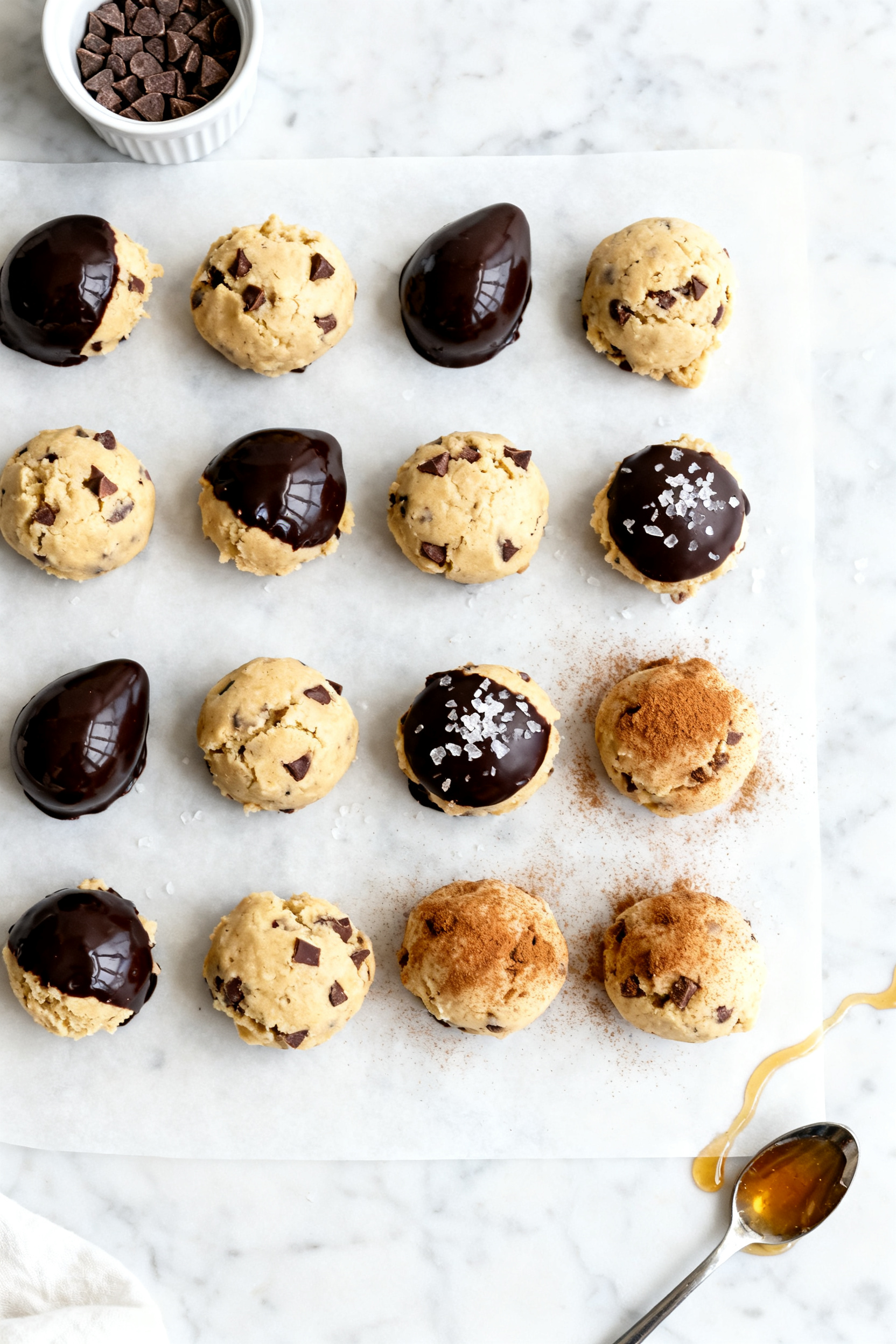Tasty top view: Overhead shot of chilled cookie dough bites (1-tablespoon scoops) arranged on parchm