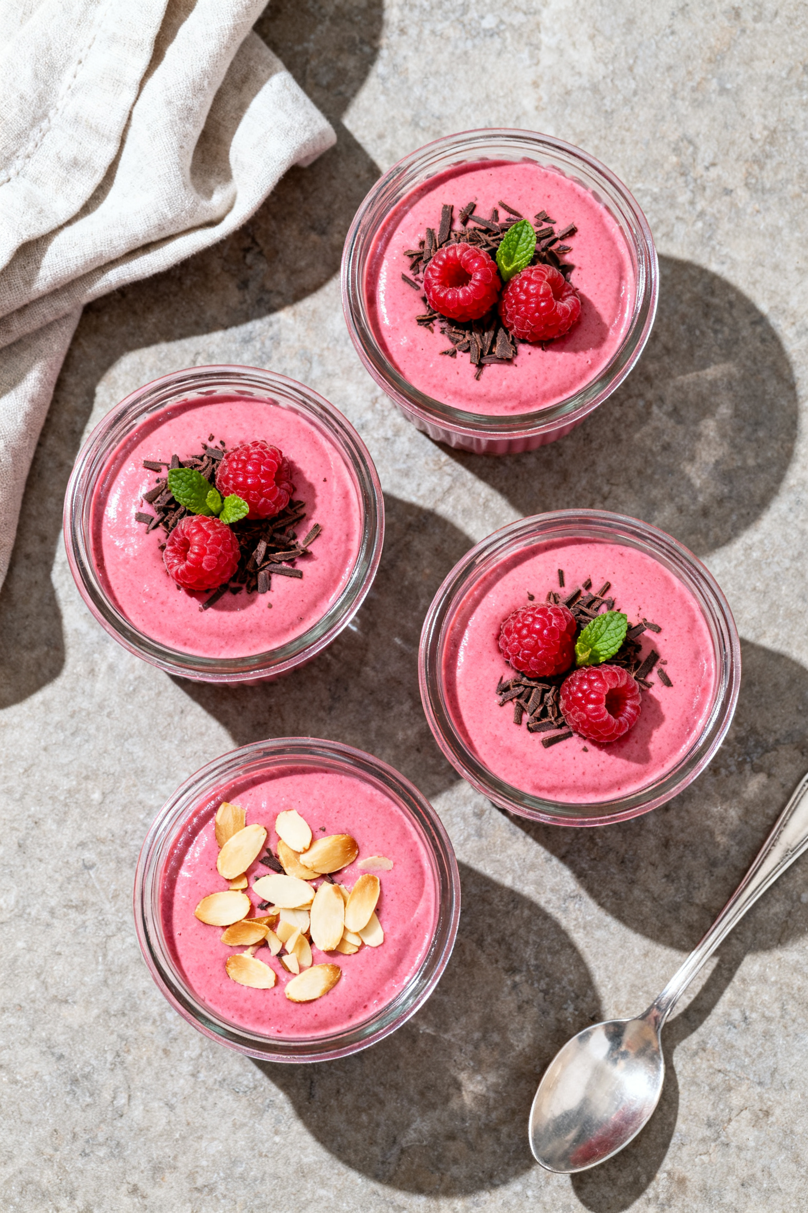 Tasty top view: Overhead shot of chilled High Protein Raspberry Mousse set in four clear ramekins, p