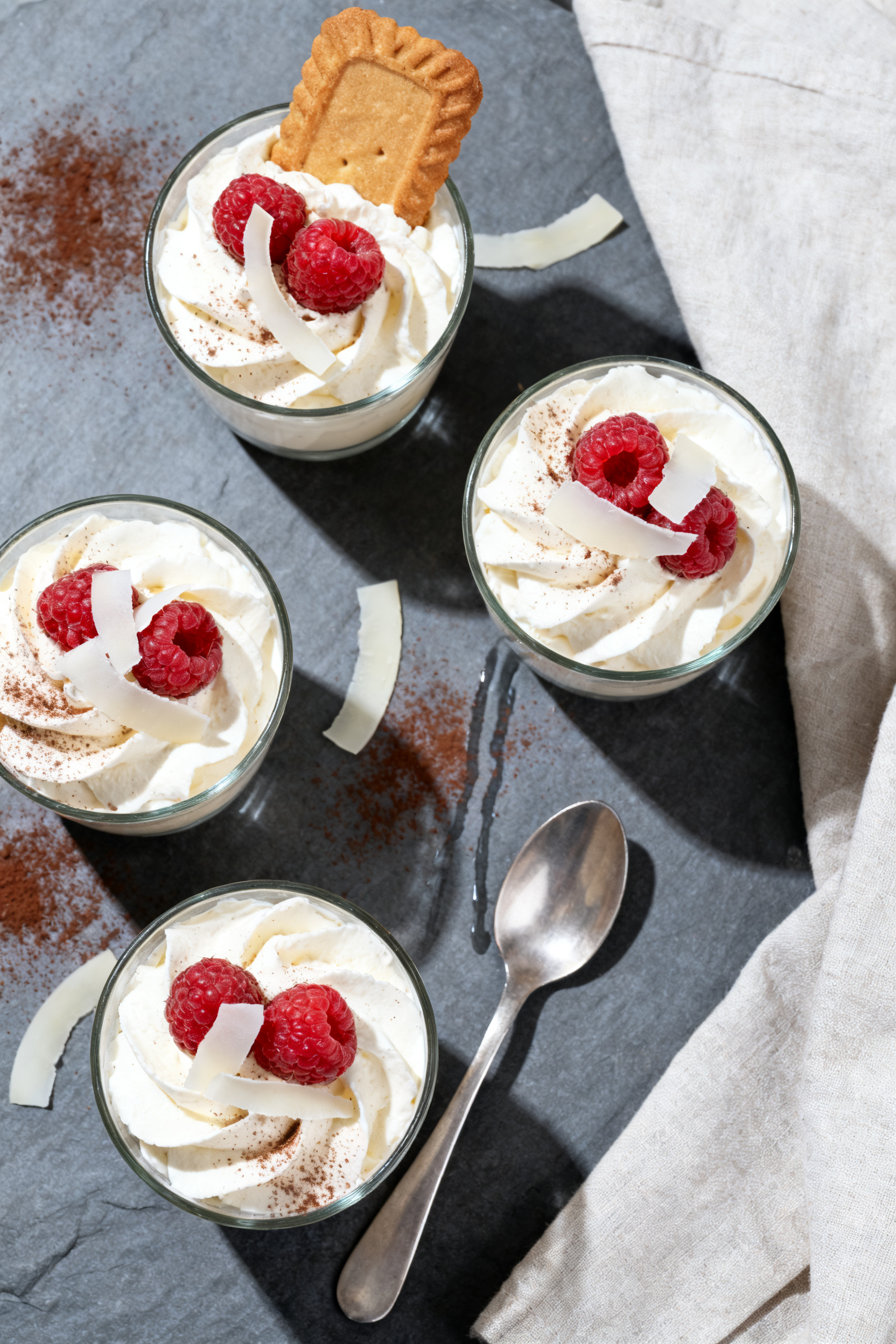 Tasty top view: Overhead shot of chilled white chocolate mousse portioned into small glass cups, eac