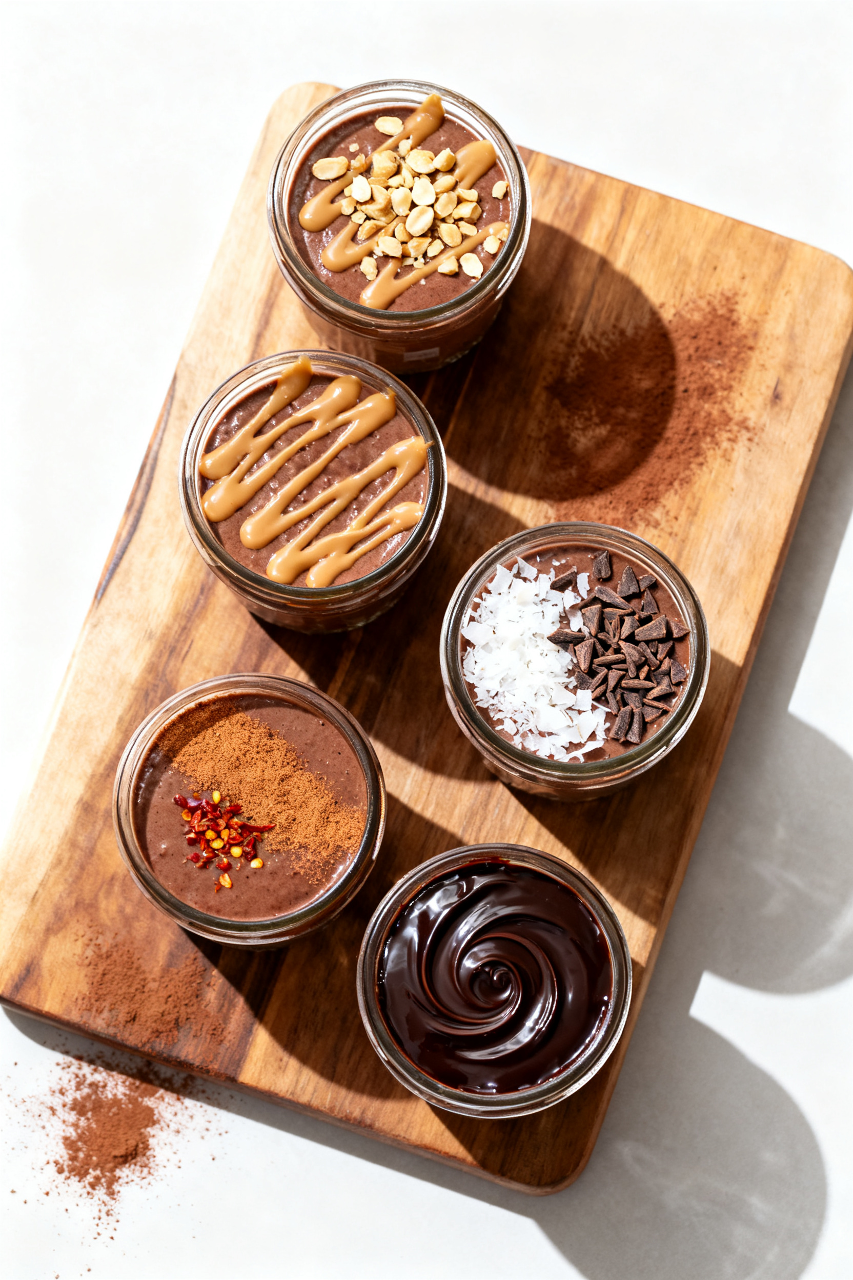 Tasty top view: Overhead shot of four small jars of chocolate avocado pudding arranged on a wooden b
