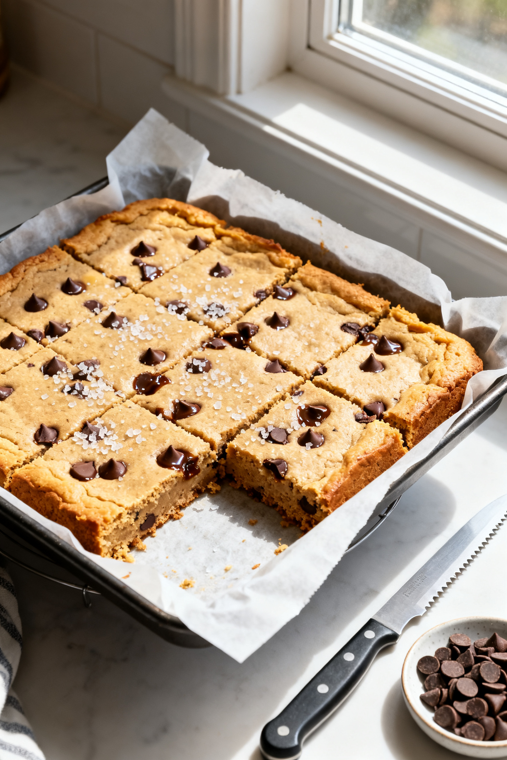 Tasty top view: Overhead shot of freshly baked protein blondies cooling on parchment, lifted out of 