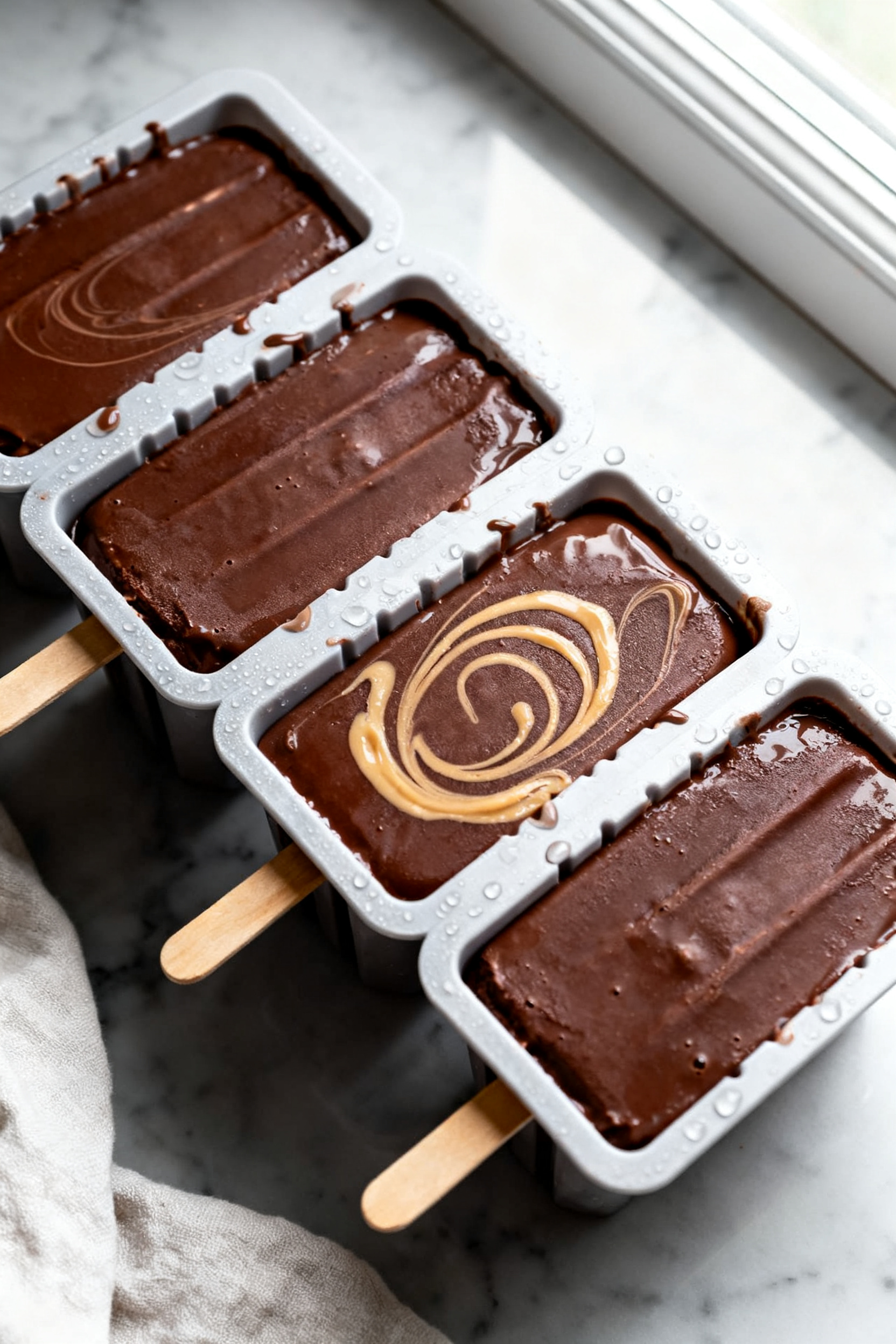 Tasty top view: Overhead shot of freshly filled popsicle molds on a cool marble surface, each cavity