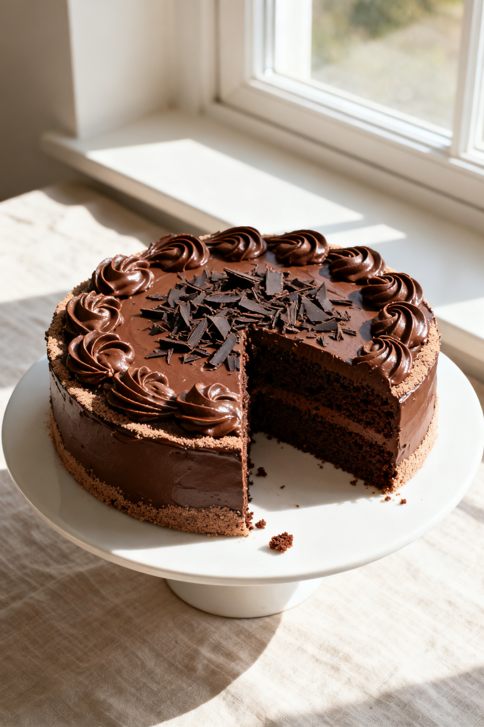 Tasty top view: Overhead shot of the assembled two-layer gluten free chocolate cake generously frost