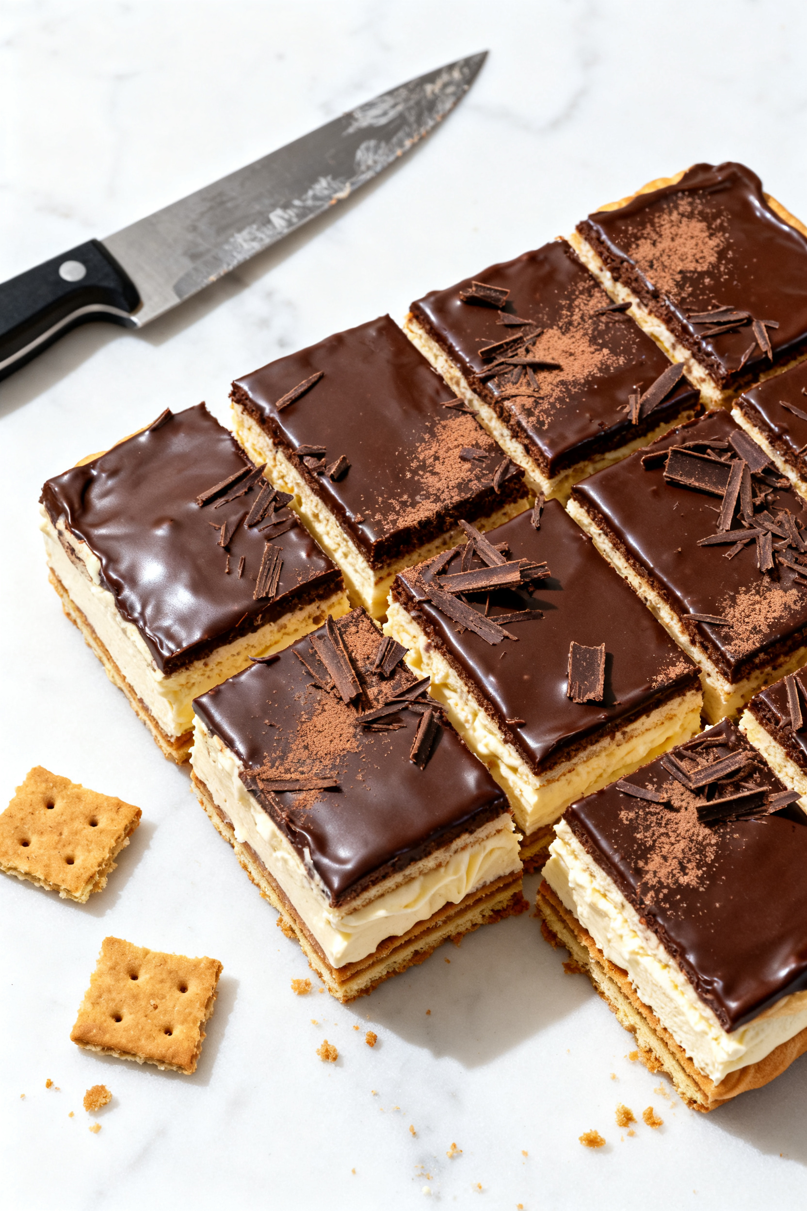Tasty top view: Overhead shot of the Chocolate Eclair Cake just after overnight chill, sliced cleanl