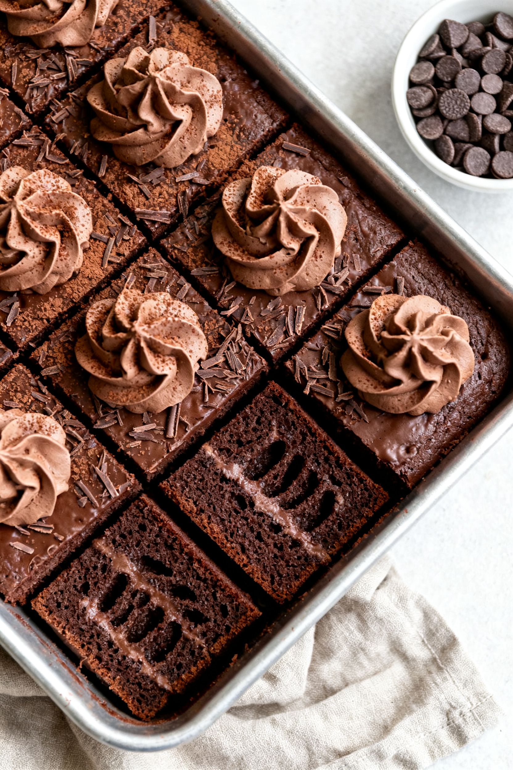 Tasty top view: Overhead shot of the fully chilled chocolate poke cake spread with fluffy chocolate 