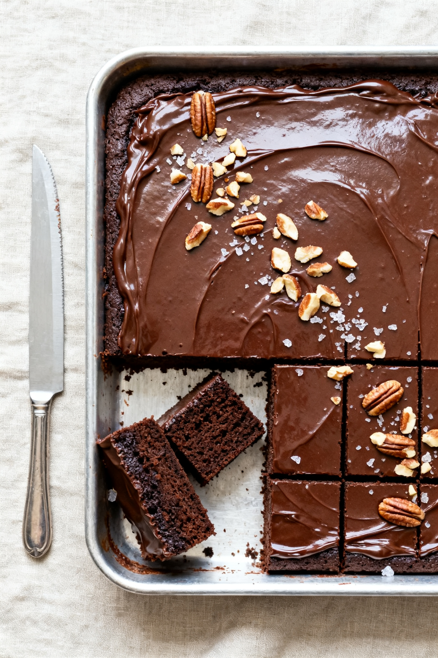 Tasty top view: Overhead shot of the fully set chocolate sheet cake in the pan, frosting smooth and