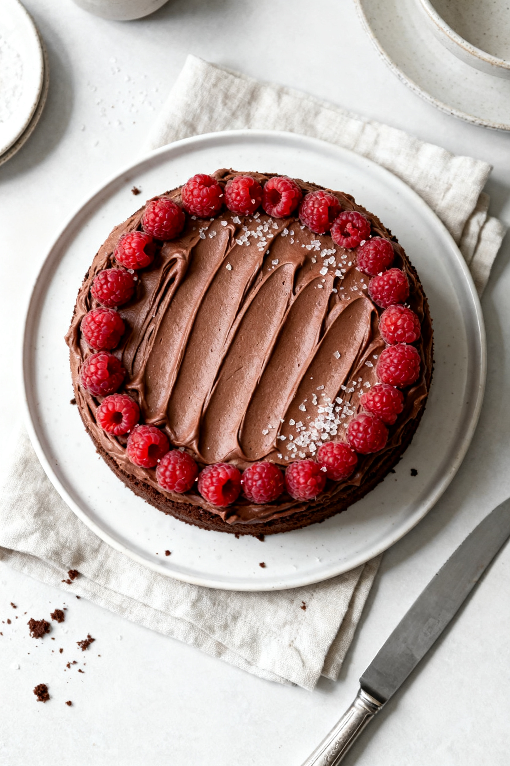 Tasty top view: Overhead shot of the whole cake frosted with silky vegan chocolate buttercream, swoo
