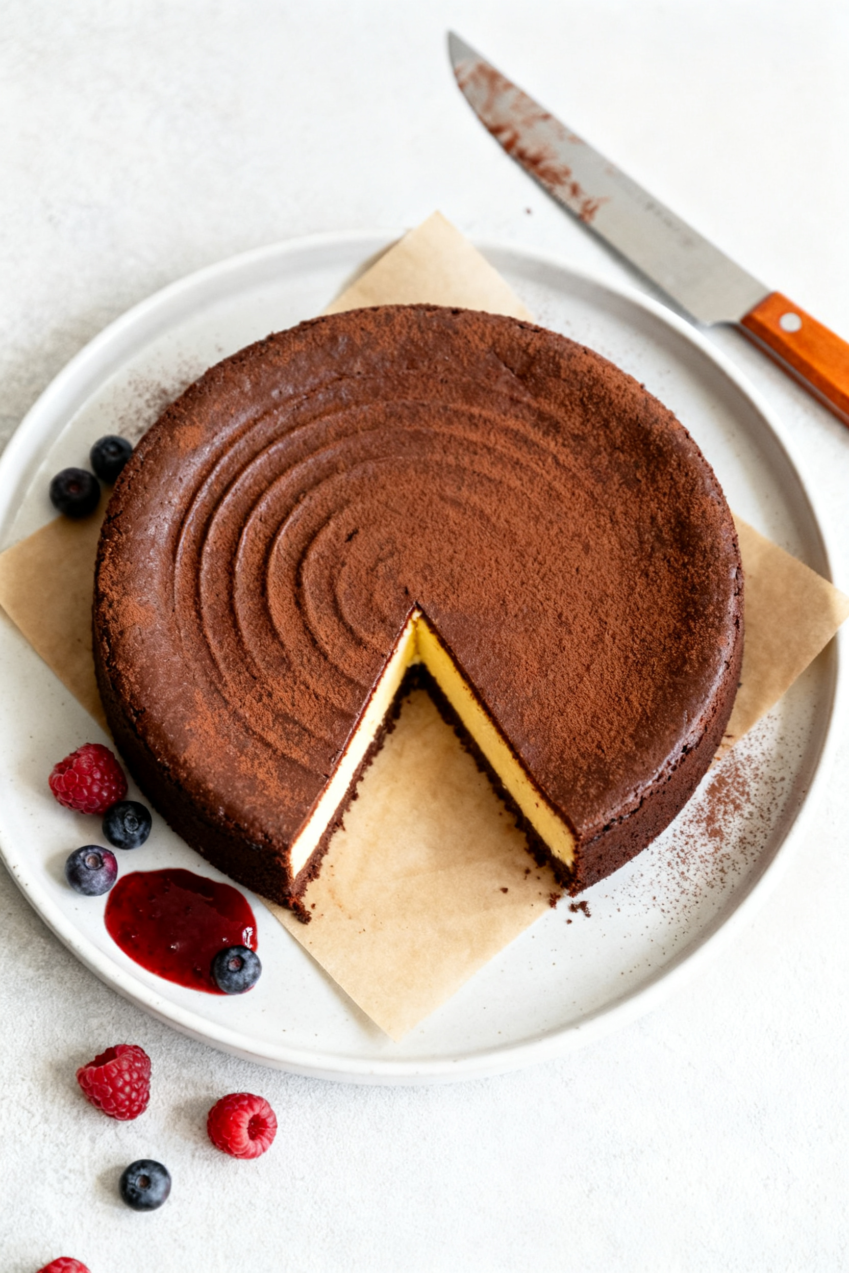 Tasty top view — Overhead shot of the whole flourless chocolate cake after unmolding, perfectly sm