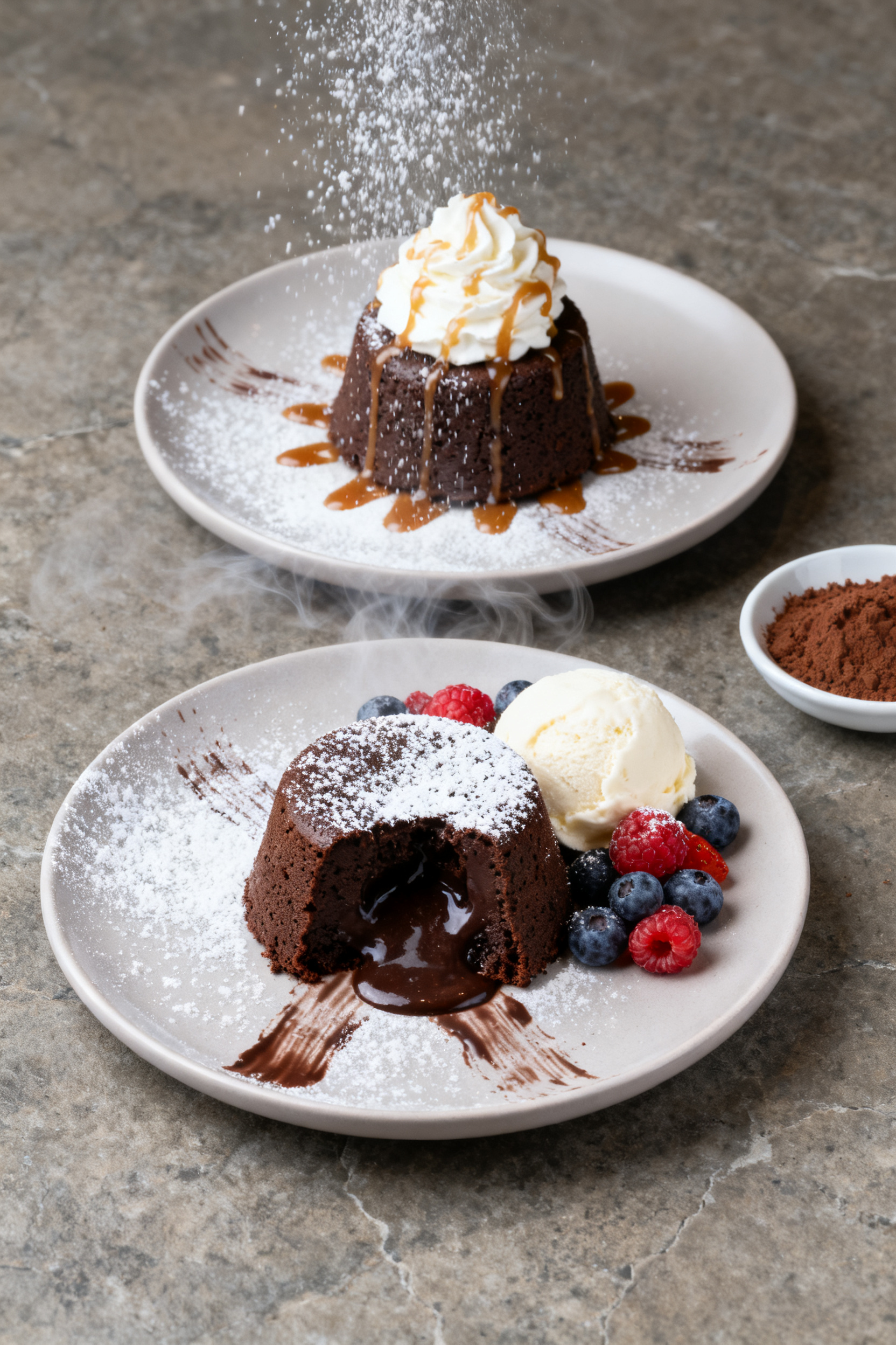 Tasty top view: Overhead shot of two plated chocolate lava cakes finished with a snowfall of powdere