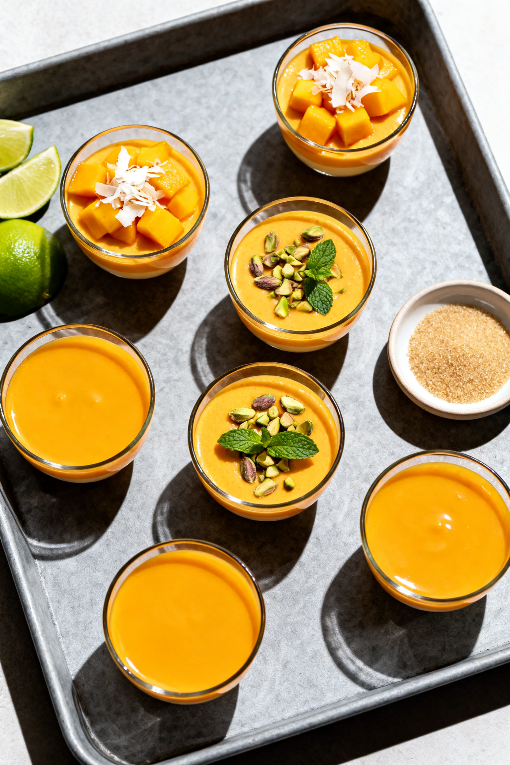 Tasty top view, overhead shot: Overhead of freshly poured sugar-free mango pudding in 6 small clear